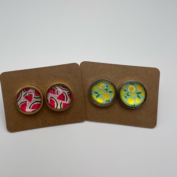Classic Round  Fruit Stud Earring Set - Lemon and Watermelon Stud Earrings - Picture 9 of 14